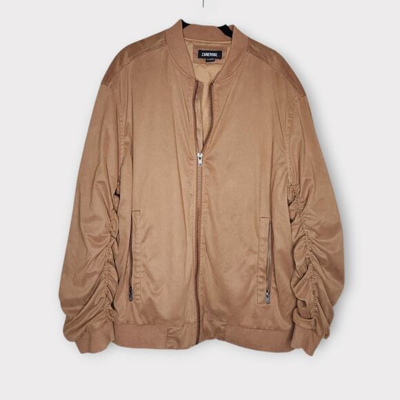 Zanerobe Men's Faux Suede Bomber Jacket Tan Zip Up Ruched Sleeve Size L Casual - Picture 1 of 10